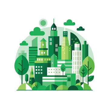 A stylized green cityscape with modern buildings trees and clouds under a circular archway