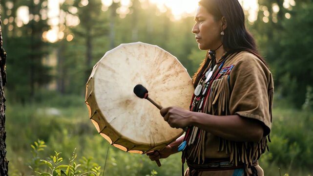 Indigenous man playing drum in forest during sunset  