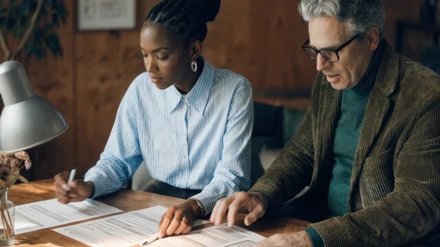 Medium shot of client and insurance agent analyzing home insurance claim forms foreground documents clear and detailed background charts and figures softly blurred.