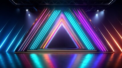 Naklejka premium Futuristic Triangular Stage Featuring Colorful LED Panels and Prism Effects