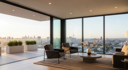 Fototapeta premium Modern Apartment Balcony With Cityscape Views At Sunset