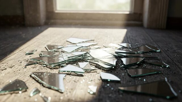 Broken glass shards scattered on wooden floor in sunlight  