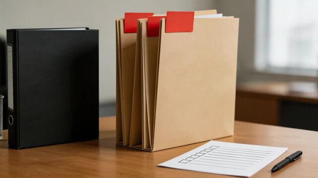 Medium shot of compliance audit setup with insurerspecific files red tags checklist and binder sharply in focus on auditors desk