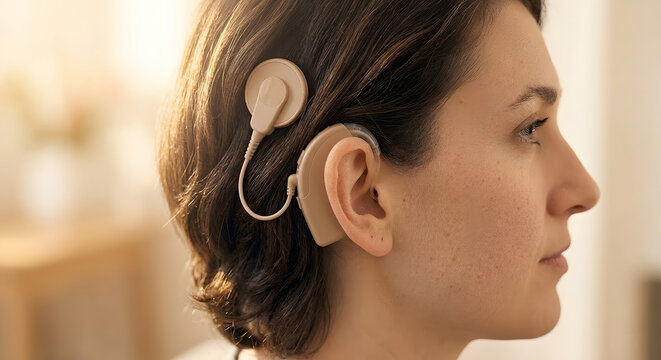 An adult woman wearing a cochlear implant processor behind her ear and a magnetic transmitter coil on her head looks forward in profile. Generative AI
