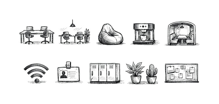 Hand-drawn icons representing elements of a modern coworking space environment