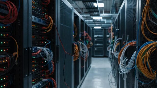 Medium shot of a commercial bank data center aisle highlighting server racks with blinking lights cable bundles and blurred cooling units in the background.