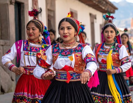 Three women in vibrant, traditional Andean clothing and headdresses dancing outdoors