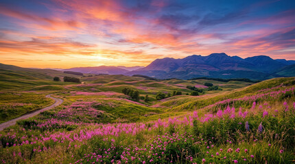 Obraz premium Scenic Panorama of Vibrant Wildflower Fields Under a Colorful Sunset Sky