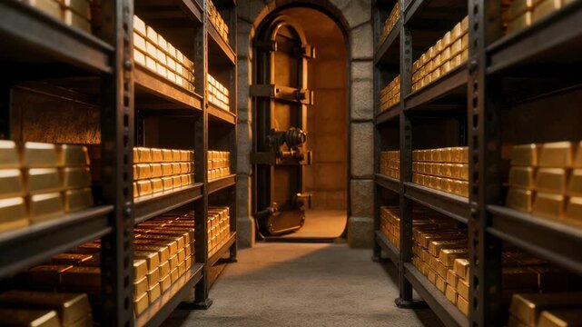 Medium shot presenting a glimpse of the secure corridor lined with heavy shelving loaded with gold bars main shelves in sharp clarity contrasted by softly blurred distant vault