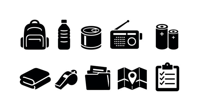 Collection of emergency preparedness icons including backpack, water, canned food, radio, batteries, and map