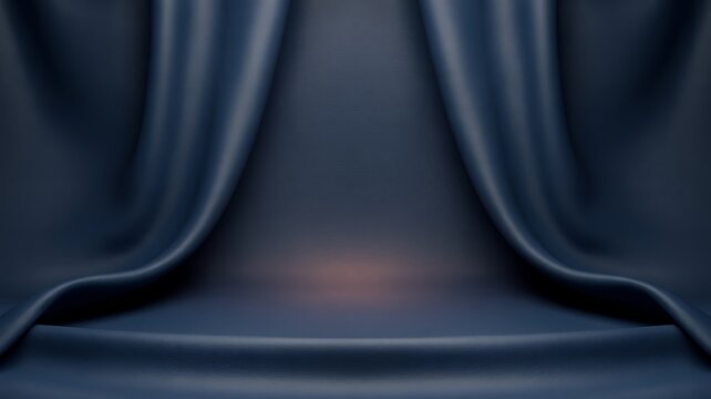 Dark blue curtain draped open on stage with spotlight shining through