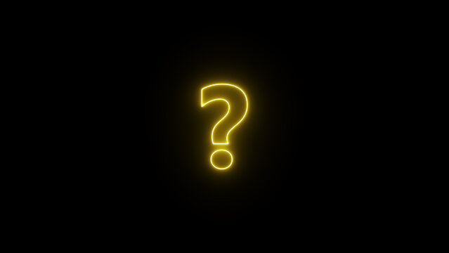 Glowing yellow neon question mark isolated on a completely black background
