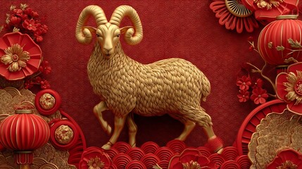 Obraz premium Golden Ram Illustration for Chinese New Year Celebration on Red Background