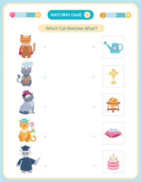 Cute anthropomorphic cats in different professions (scientist, page boy, gardener, chancellor, chef) with matching objects such as globe, key, watering can, cake and pillow with mouse, kids matching 