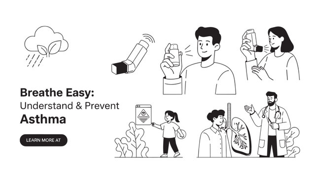 Poster Promoting Asthma Awareness, Breathing Techniques, and Inhaler Use for Better Health.