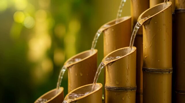 Bamboo water fountain with flowing water in green garden setting  