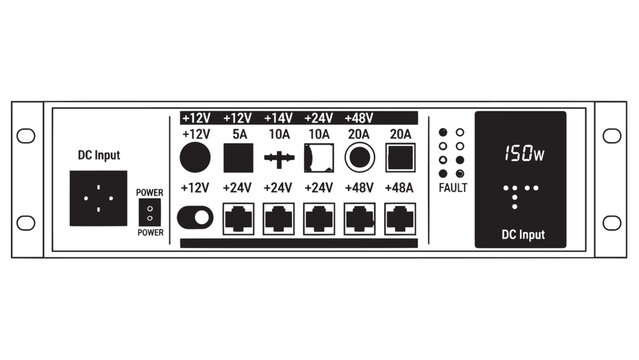 Rackmount DC power supply unit with front panel indicators, switches and display for server equipment.