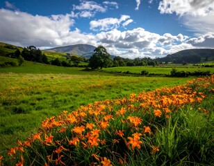 Fototapeta premium Summer landscape with orange flowers, green fields, rolling hills, and a cloudy blue sky