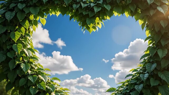 Natural heart shaped arch made of green leaves against blue sky