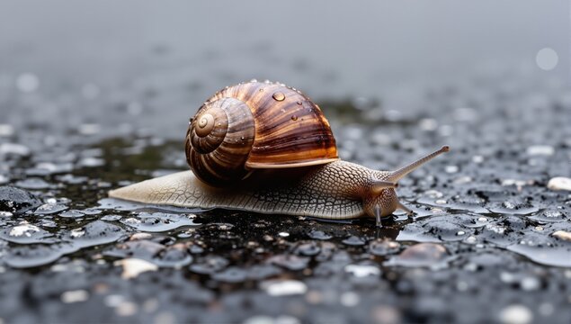 Snail crawling on wet asphalt. Slow mooving escagrot after rain. Close up photo.
