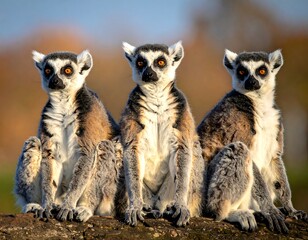 Fototapeta premium Three ring-tailed lemurs sitting closely together, looking forward with bright eyes