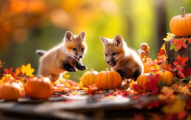 Fototapeta premium Baby Foxes Pouncing Playfully among Bright Autumn Pumpkins and Leaves