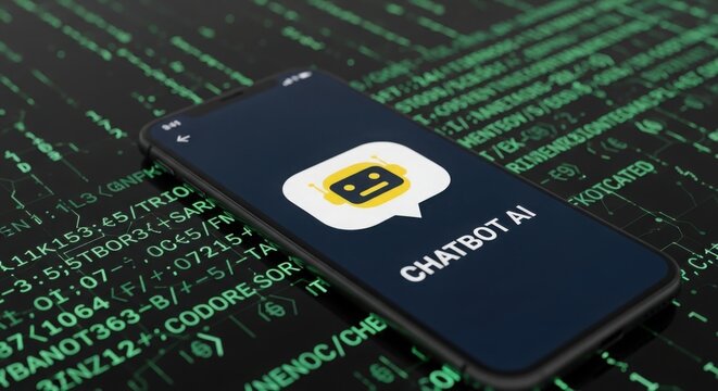 Smartphone with Chatbot AI app on screen, coding background