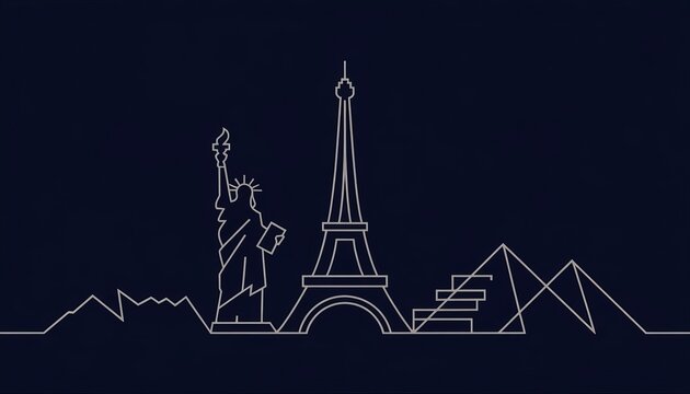 Minimalist line art depiction of world famous landmarks including the Statue of Liberty the Eiffel Tower and Egyptian pyramids contrasts sharply against a dark background.