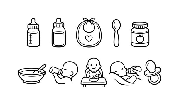 Baby feeding icons and illustrations for early childhood development and care
