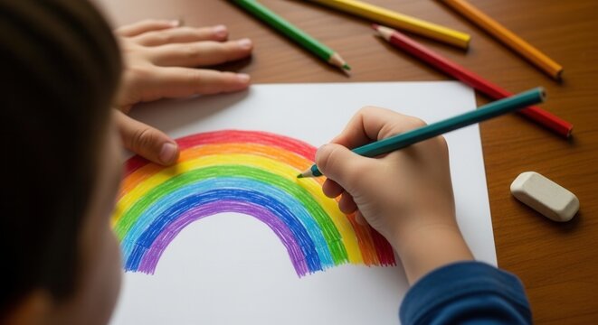 Close up of child hand drawing colorful rainbow with pencils on paper. Preschool education, creative development and childhood art. Bright colors, hope and happiness concept for school ads.