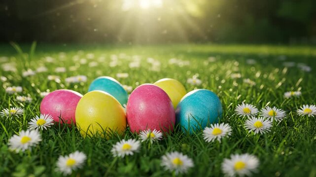 Colorful Easter eggs on grass with daisies in spring sunlight  