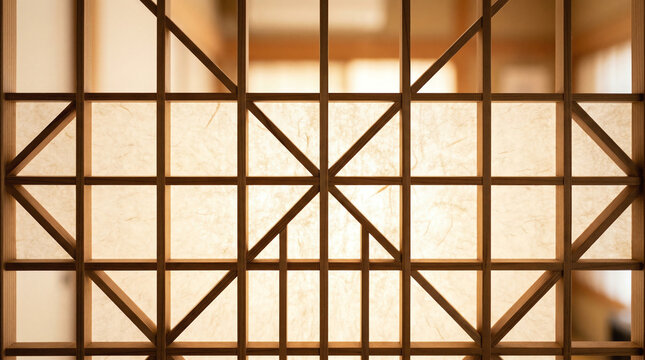 Japanese Shoji Screen with Intricate Kumiko Lattice Pattern