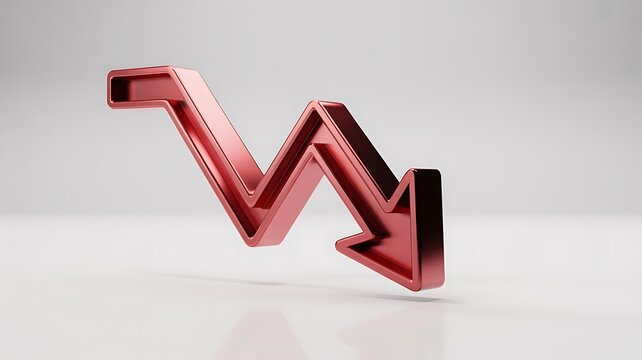 Red 3d downward trend arrow graphic with metallic sheen on white background