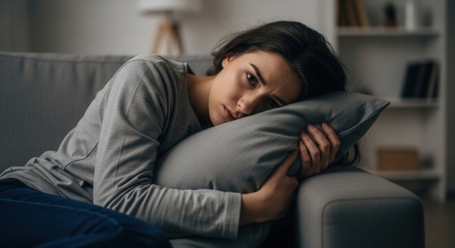 Depressed young woman lying on sofa and hugging pillow in dark room. Sad lonely female feeling stressed and suffering from anxiety or heartbreak. Mental health problems and solitude concept.