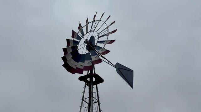 Large weather vane with turning blades is shown changing direction due to shifting wind