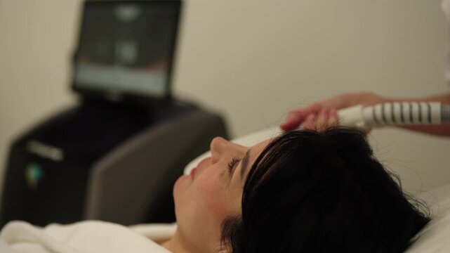 Close-up of middle-aged woman receiving innovative photorejuvenation treatment for face and neck, non invasive procedure performed by beautician in specialized beauty salon. Shooting in slow motion.