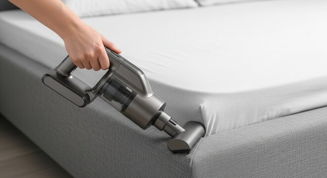 Handheld cordless vacuum cleaner cleaning white mattress in bedroom. Housework and hygiene concept focusing on dust mites removal, home allergies prevention, and deep cleaning service.