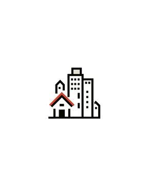 Modern urban cityscape icon with residential house and generic buildings, representing real estate, community, and city living