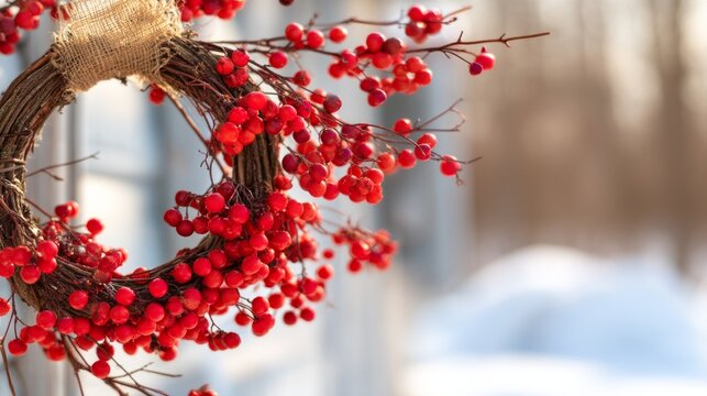 Festive Winter Wreath with Red Berries Decorate Home in Snowy Landscape