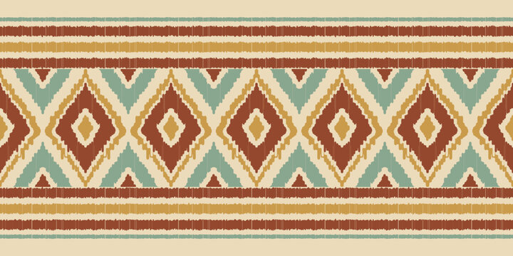 Tribal Kilim Ikat Stripe Pattern, Ikat Border Seamless Pattern, Ethnic Diamond Ribbon Vector Background, Traditional Southwestern Stripe Ornament for Saree, Fabric Trim, Boho Home Decor, and Textile
