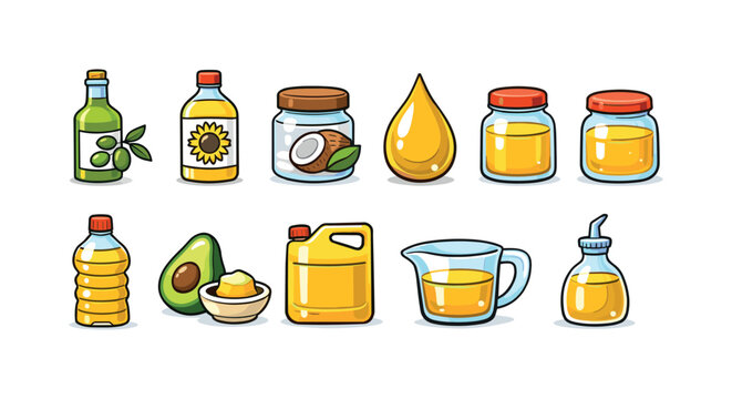 Collection of various cooking oils and fats in cartoon style