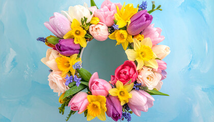 Obraz premium Colorful floral wreath of tulips daffodils and roses on a light blue textured background