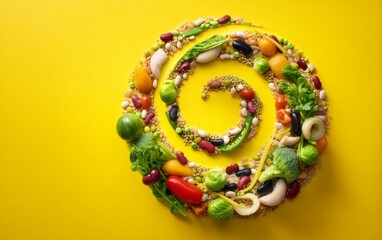 Obraz premium Colorful Spiral Composition of Fresh Sliced Fruits on Bright Yellow Background