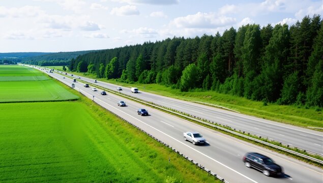 Green feilds and highway mooving cars veiw from side. The road along fields and forests
