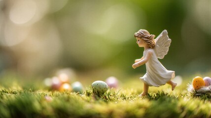 Obraz premium Angel figurine running on green grass with colorful Easter egg. Miniature statue of girl spirit in nature landscape. Religious holiday symbol, Christian celebration concept, spring season.