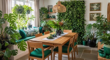 Fototapeta premium Lush Indoor Oasis Dining Room With Verdant Greenery And Natural Wood Furniture