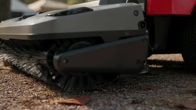 Closeup of robotic sweeper collecting debris on campground path main brush in clear focus while environment softly blends.