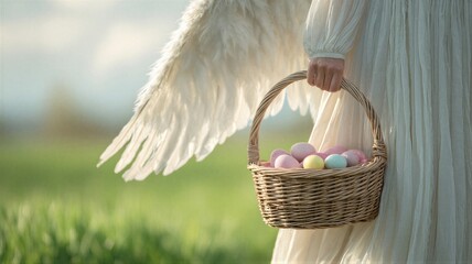 Obraz premium Woman angel with white wings holding wicker basket full of colorful Easter eggs in green spring field. Religious spiritual tradition, spring celebration and holiday atmosphere concept.