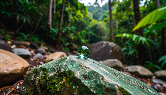 Glass marble on a moss-covered rock in a lush green rainforest with blurred trees and foliage