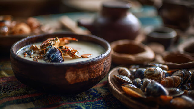 Traditional Seafood Chowder in Rustic Clay Bowl with Fresh Crabs and Mussels, Authentic Coastal Cuisine with Clams and Shellfish on a Textured Fabric Surface, Ethnic Gastronomy and Healthy Seafood